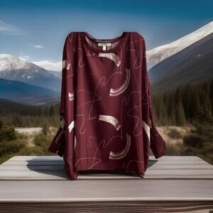 New Grade & Gather Harvest Print Burgundy/Wte Blouse Wide Elastic Smocked Wrist